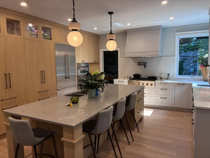 Kitchen island and cabinets after a clean
